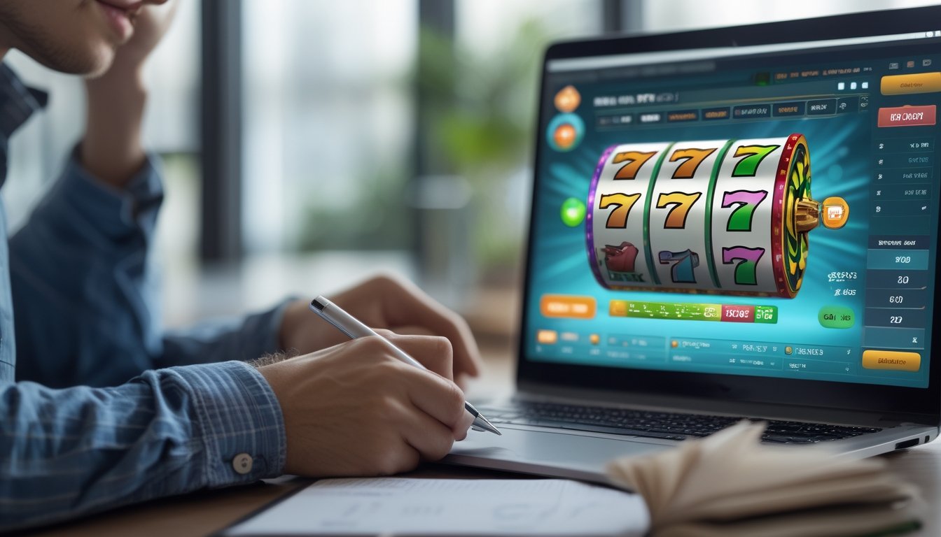 Seseorang sedang menganalisis data permainan slot online di depan layar komputer dengan tampilan mesin slot dan persentase RTP secara real-time.