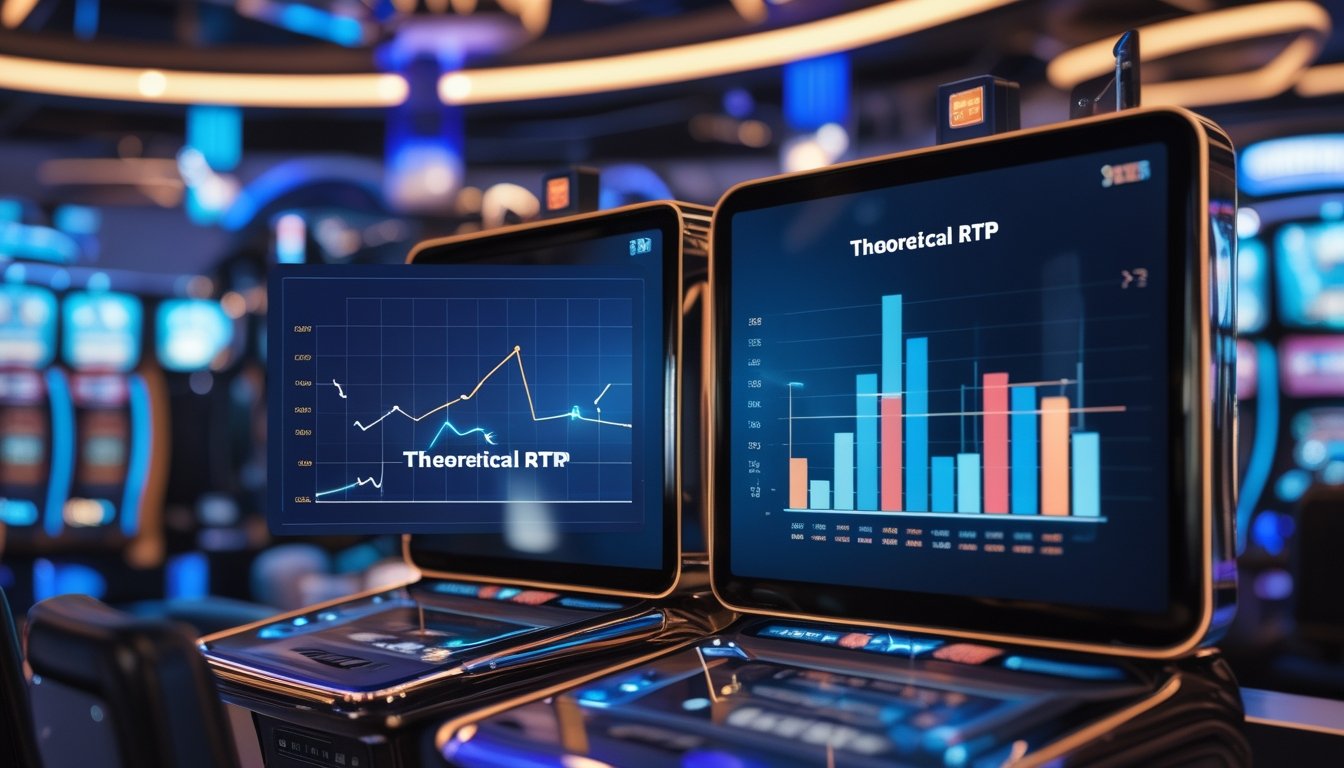 Sebuah mesin slot online modern dengan grafik yang menunjukkan perbedaan antara RTP teoritis dan RTP aktual dalam suasana kasino digital.