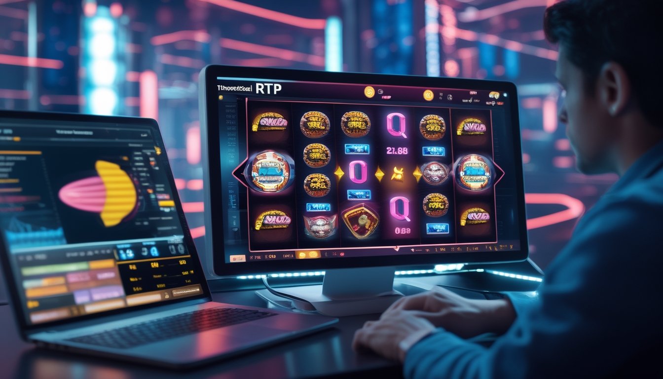 Seorang pria sedang menganalisis data mesin slot online terbaru dengan layar komputer yang menampilkan grafik dan simbol mesin slot.