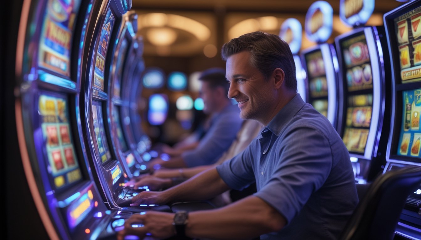 Seorang pemain dewasa sedang bermain mesin slot di kasino modern dengan mesin slot berwarna-warni dan pencahayaan ambient.