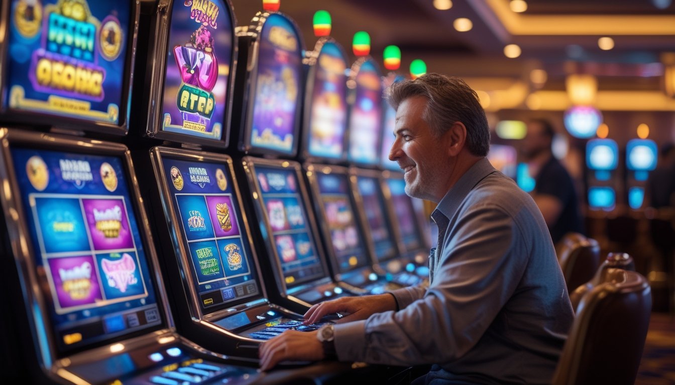 Seorang pemain dewasa sedang bermain mesin slot digital di kasino dengan suasana terang dan ramai.