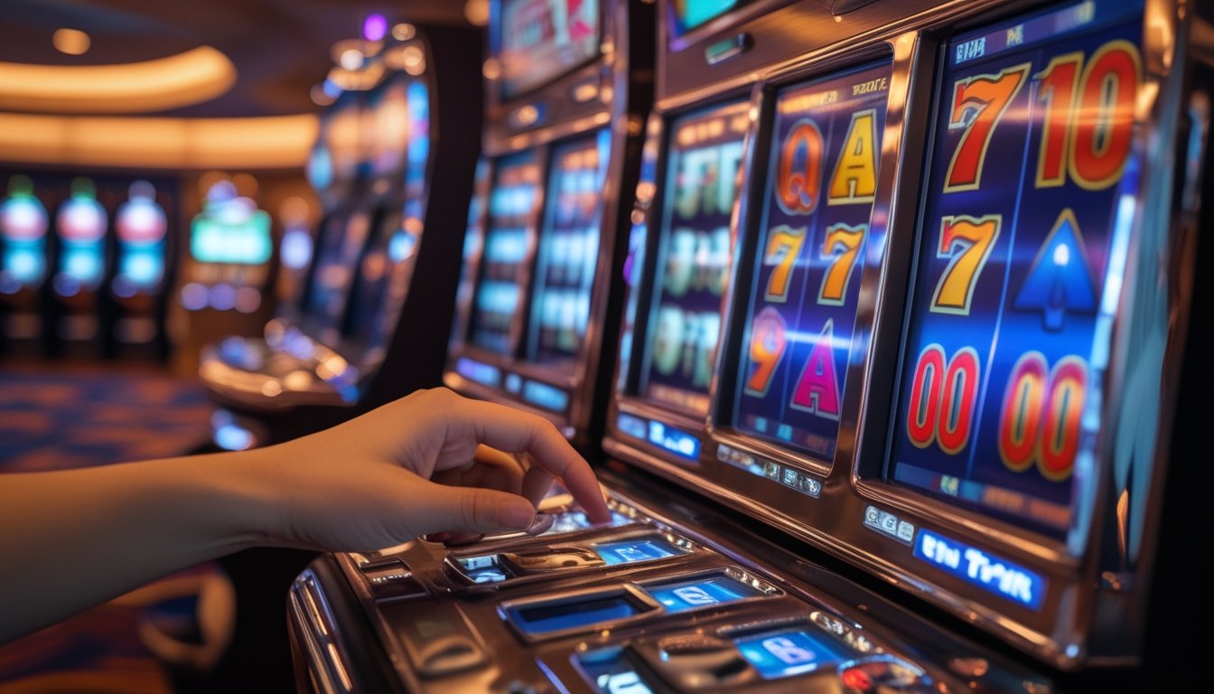 Seorang pemain sedang menggunakan mesin slot di kasino dengan latar belakang mesin slot lainnya dan pencahayaan hangat.