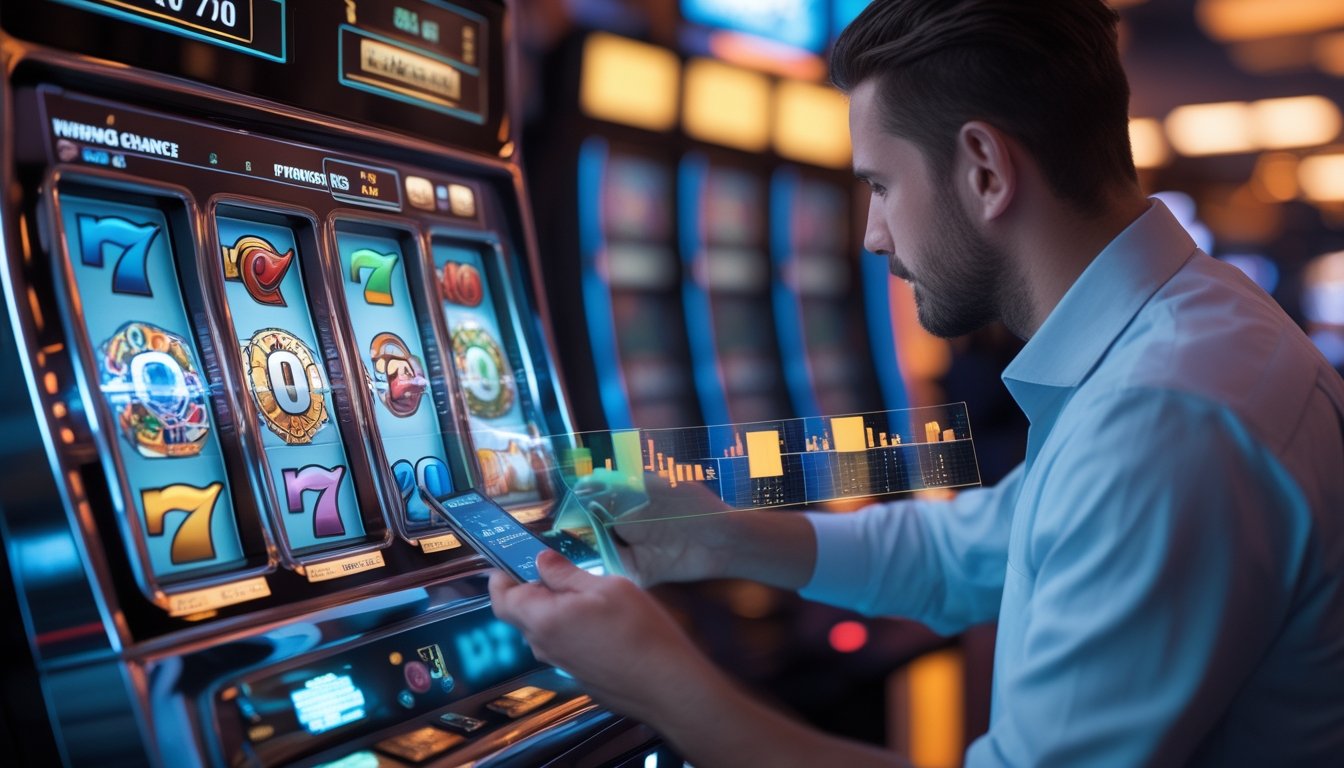 Seorang pemain sedang melihat layar mesin slot digital dengan grafik warna-warni di kasino modern.