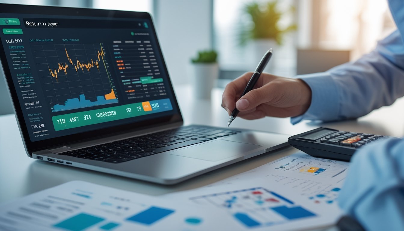 Seseorang sedang menghitung data Return to Player (RTP) slot di meja kerja dengan laptop, kalkulator, dan lembaran grafik.