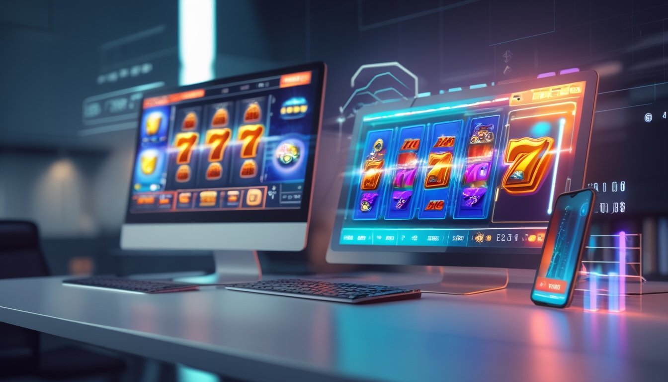 Sebuah meja dengan komputer dan ponsel yang menampilkan permainan slot online dengan grafik warna-warni dan indikator data waktu nyata.