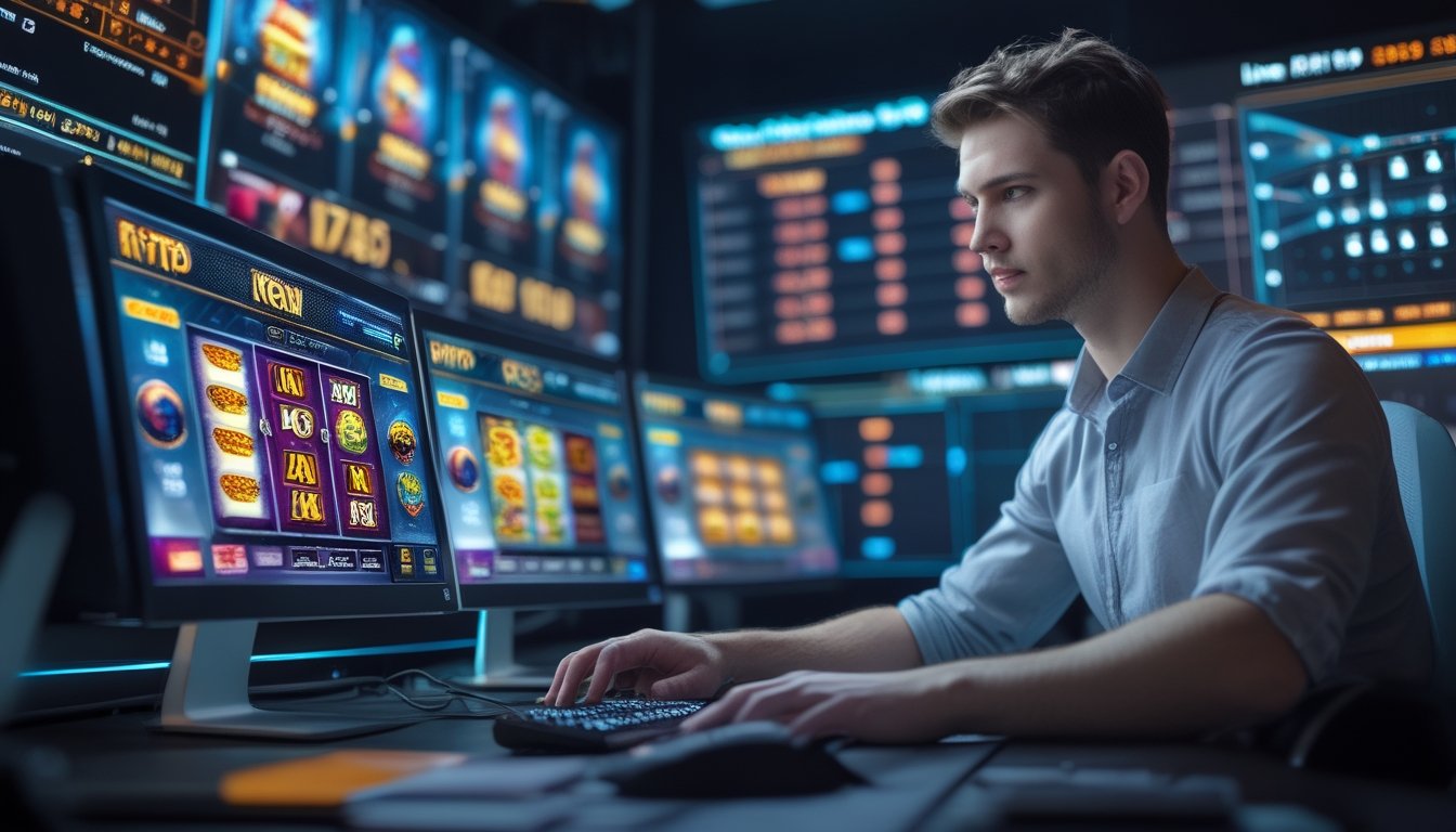 Seorang pria muda sedang menggunakan komputer dengan beberapa layar yang menampilkan permainan slot dan data statistik secara langsung.