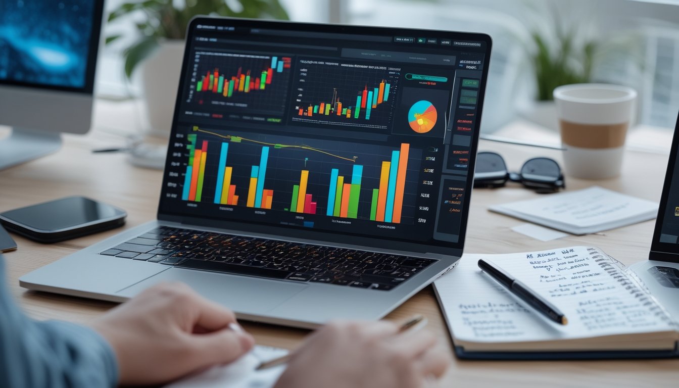 Seorang profesional sedang menganalisis data permainan slot online di meja kerja dengan laptop, catatan, dan alat tulis.