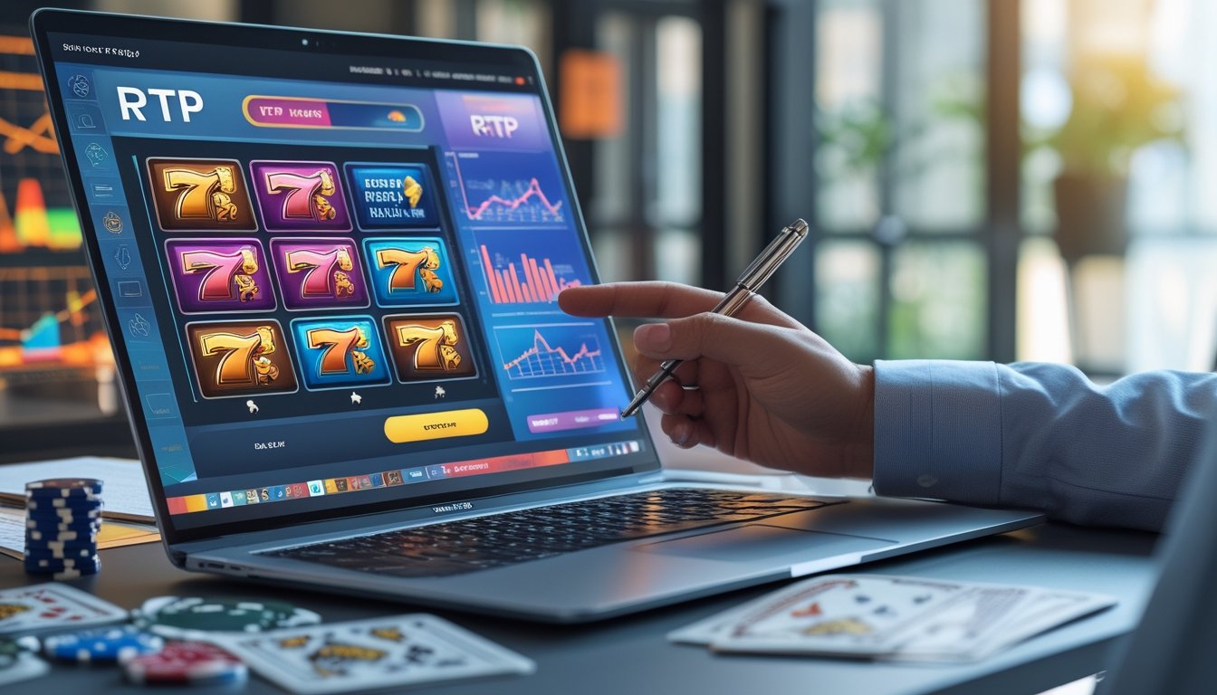 Seseorang sedang menganalisis grafik RTP slot online di depan laptop di ruang kerja yang rapi.