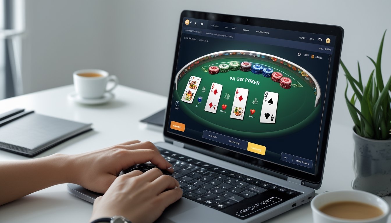 Seseorang sedang bermain Pai Gow Poker online di komputer dengan kartu dan chip di meja kerja yang rapi.