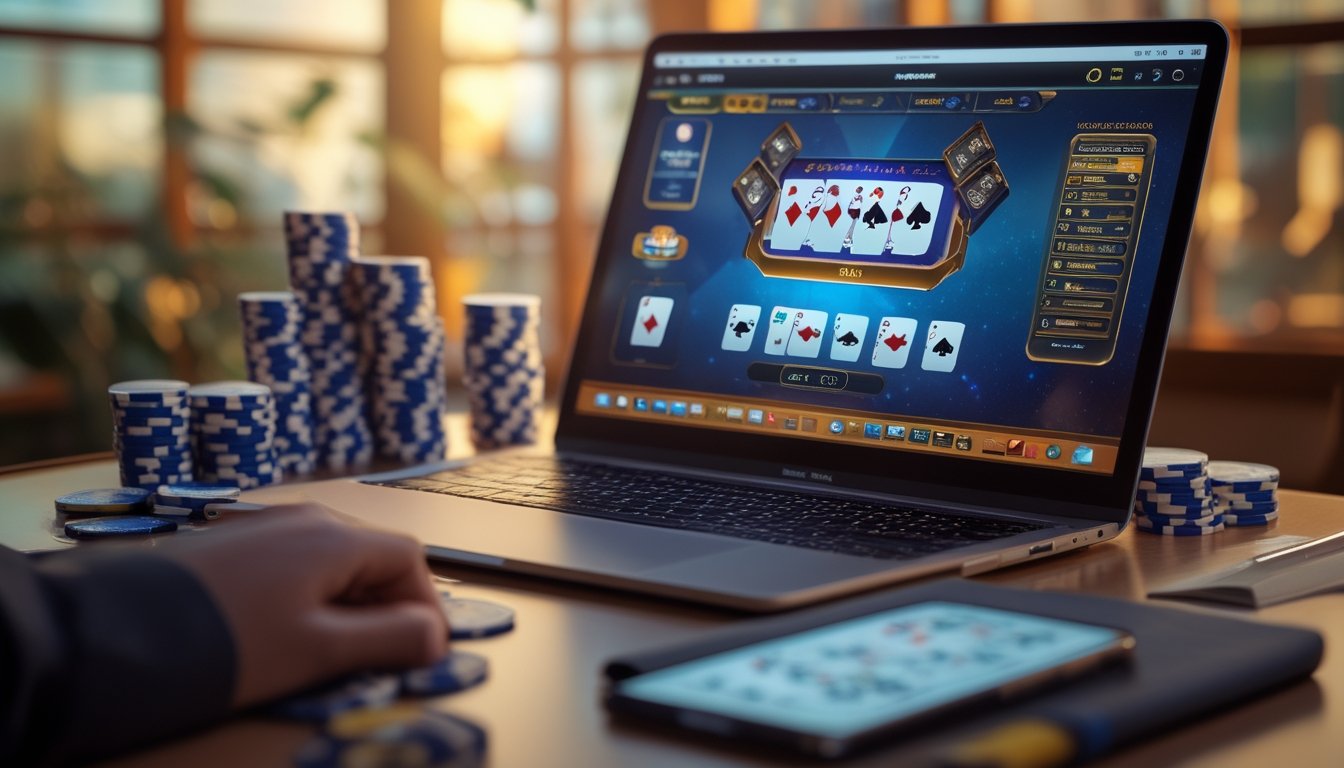 Sebuah meja dengan komputer menampilkan permainan Pai Gow Poker online, dikelilingi oleh tumpukan chip poker dan alat tulis.