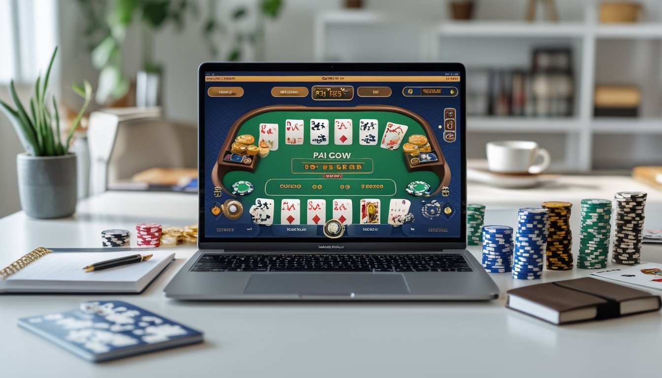 Seorang pemain sedang bermain Pai Gow Poker online di komputer dengan chip poker dan kartu di meja.