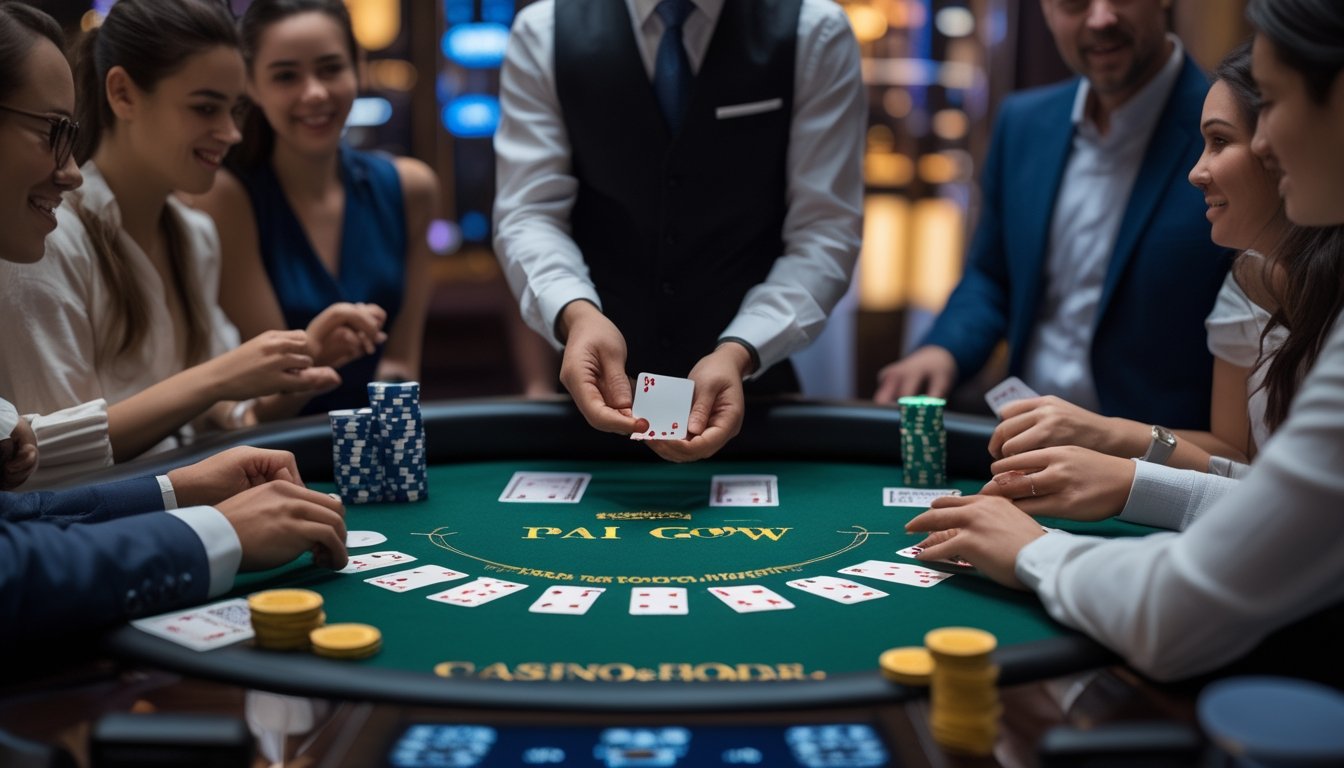 Suasana permainan Pai Gow Poker di kasino dengan dealer dan pemain yang fokus di sekitar meja hijau.