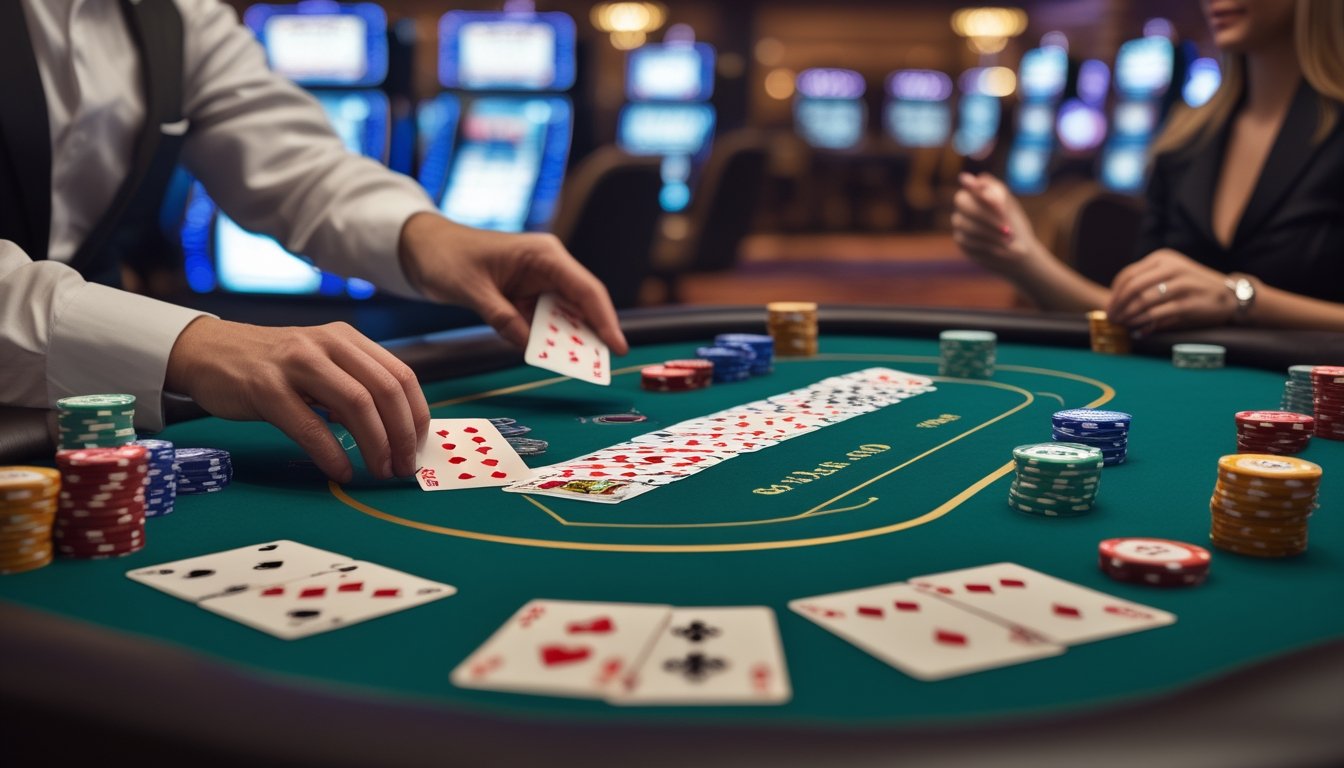 Meja poker Pai Gow dengan kartu dan chip poker, dealer sedang membagikan kartu di kasino mewah.