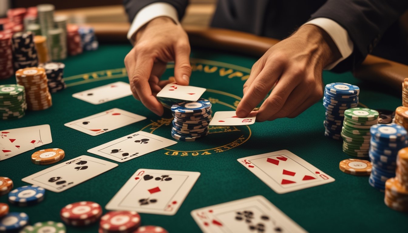 Tangan dealer membagikan kartu Pai Gow Poker di atas meja hijau dengan tumpukan chip poker di sekitarnya.