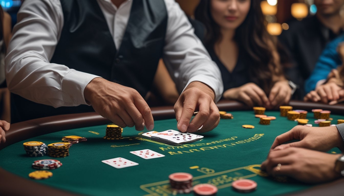 Tangan dealer membagikan kartu Pai Gow Poker di meja kasino dengan beberapa pemain yang memperhatikan.
