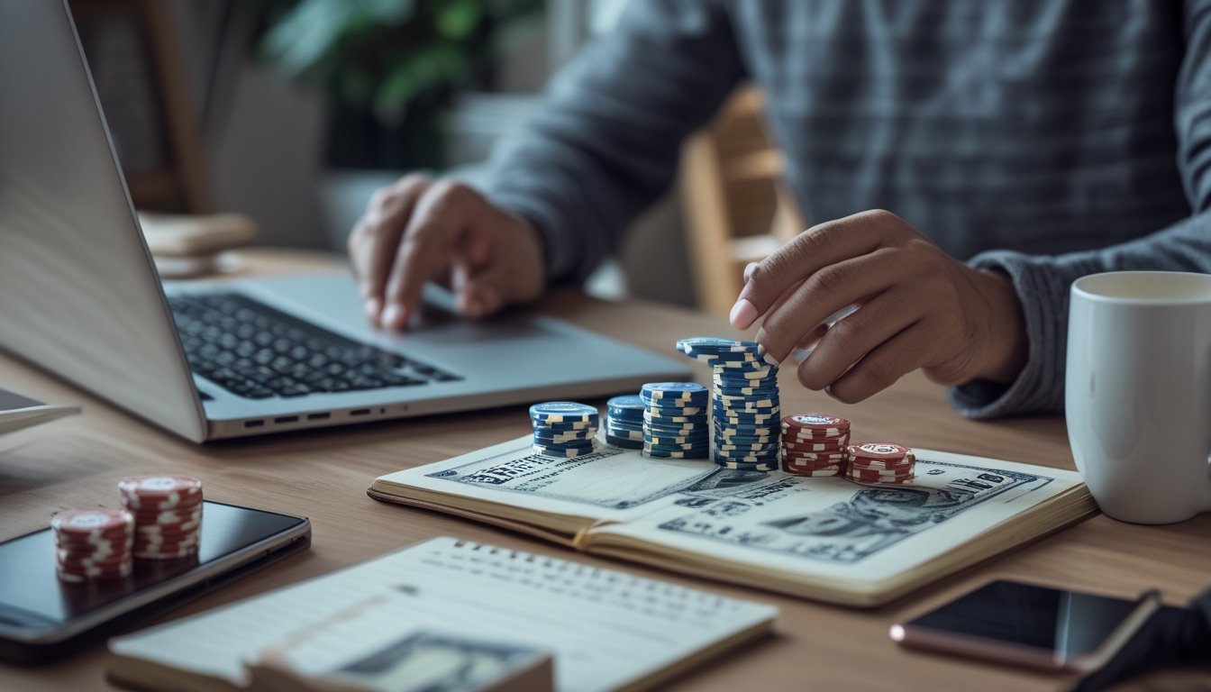 Seseorang sedang mengatur chip poker dan uang di depan laptop yang menampilkan permainan Pai Gow Poker online.