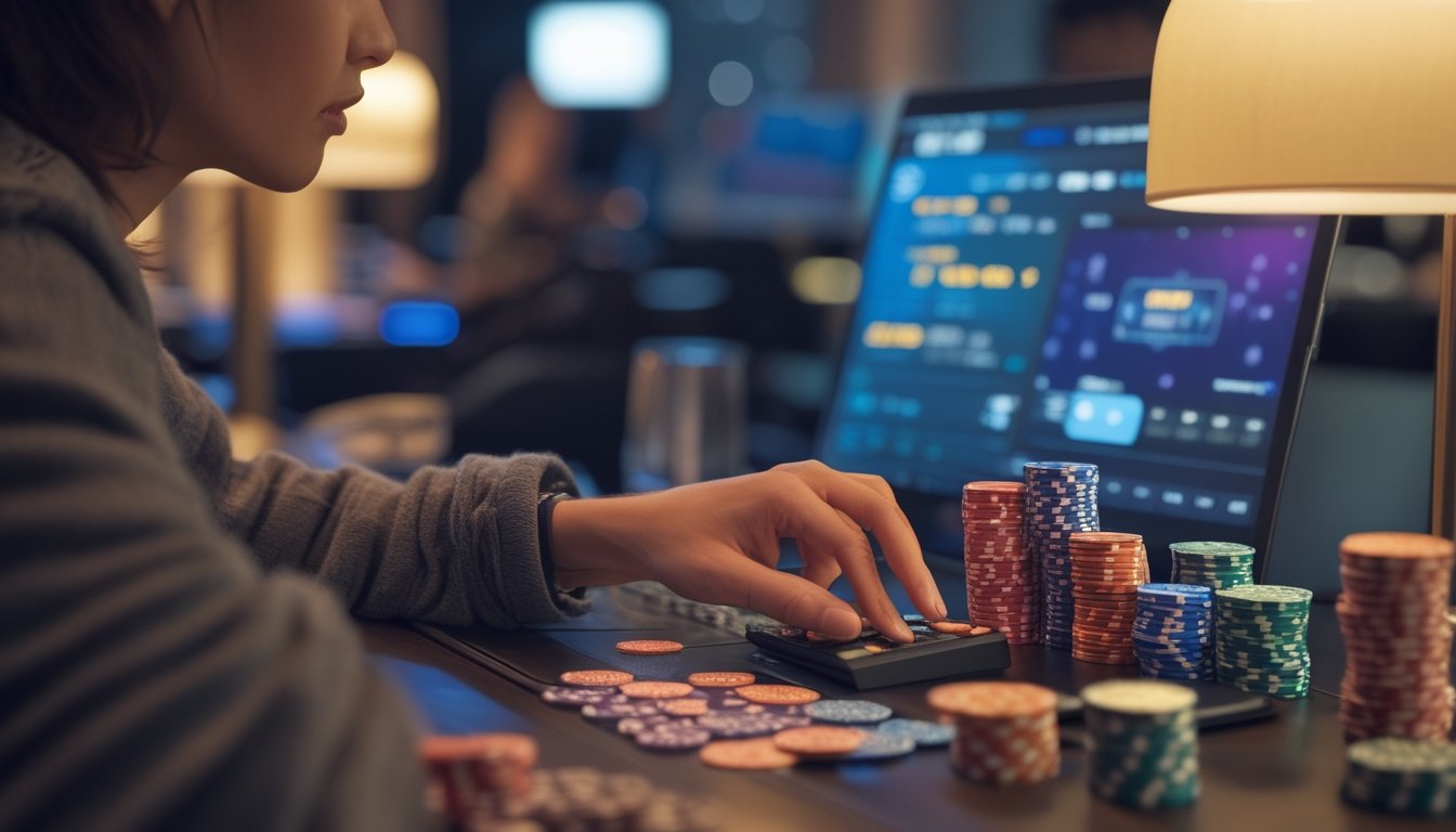 Seorang pemain poker duduk di meja dengan tumpukan chip rapi, menggunakan perangkat digital untuk mengelola uang permainan.