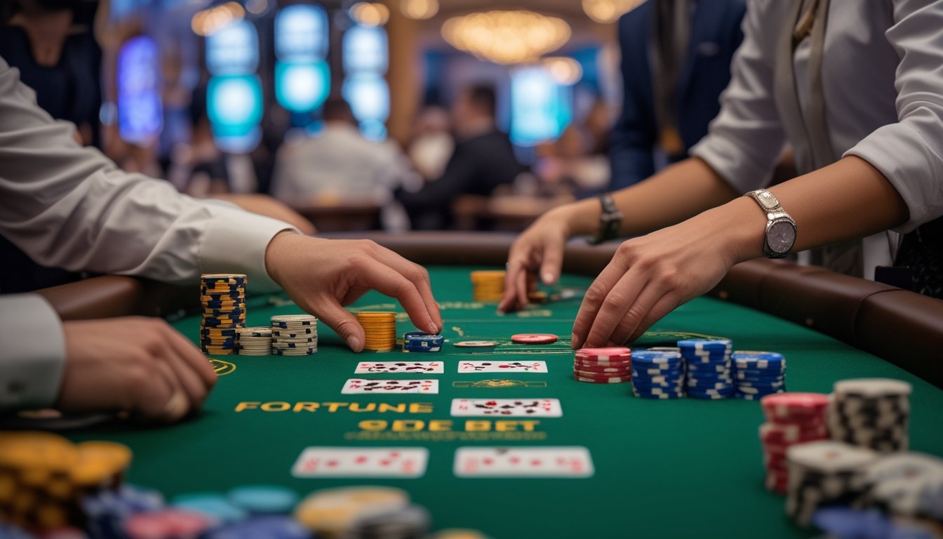 Meja kasino dengan kartu Pai Gow Poker dan tumpukan chip taruhan sampingan, tangan pemain sedang menempatkan taruhan.