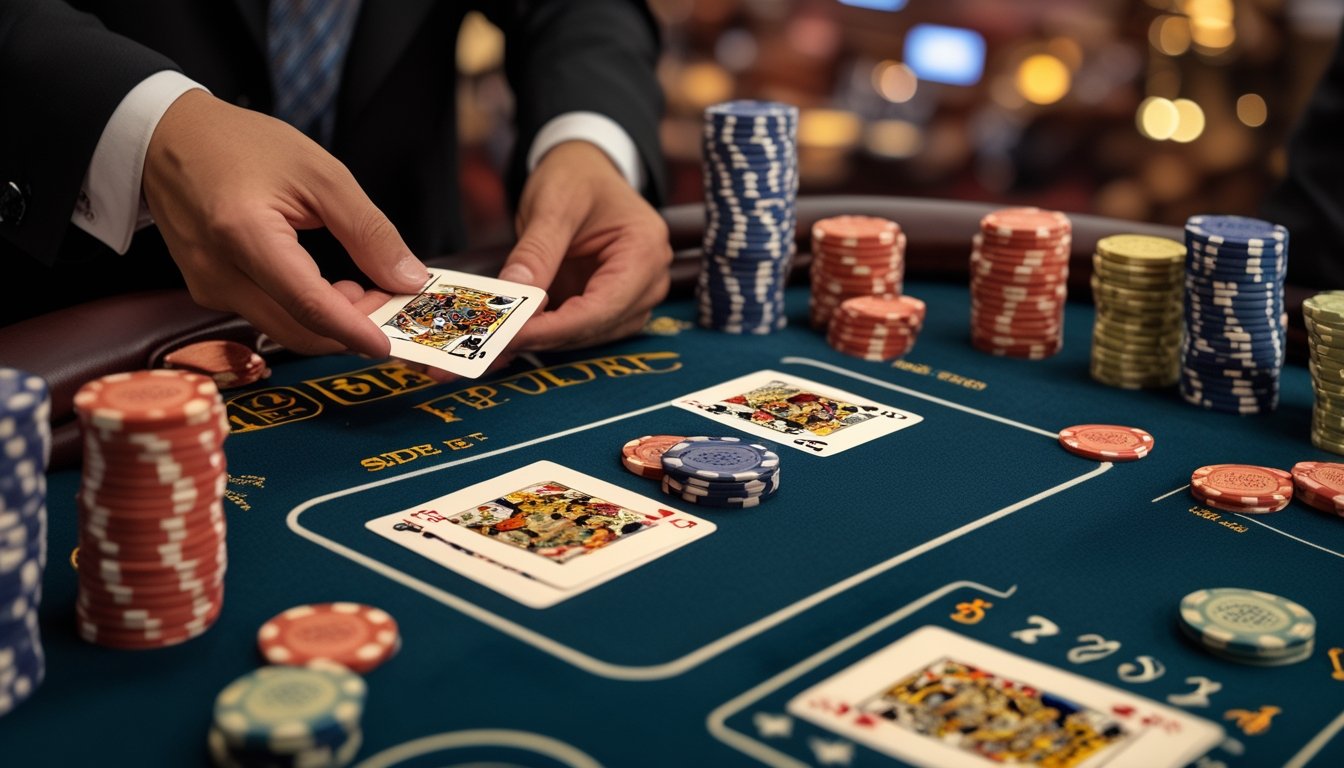 Tangan dealer membagikan kartu Pai Gow Poker di meja kasino dengan tumpukan chip taruhan di samping Fortune.