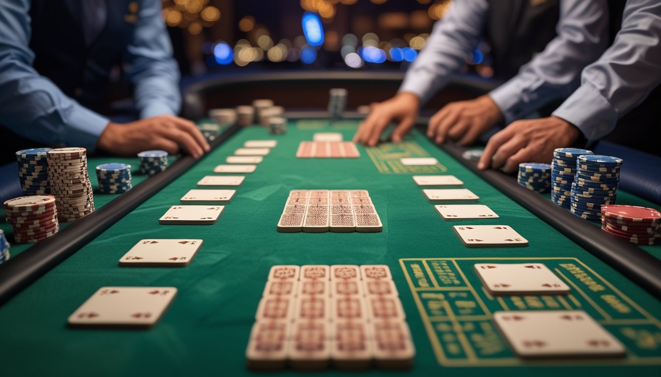 Meja kasino dengan pengaturan Pai Gow Poker Klasik dan Face Up, menampilkan ubin dan tumpukan chip di atas meja hijau.