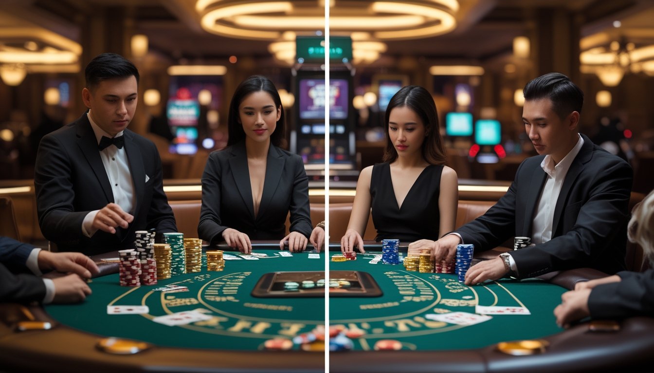 Meja poker kasino dengan dua permainan Pai Gow Poker, satu dengan kartu tertutup dan satu dengan kartu terbuka, serta pemain yang sedang bermain.