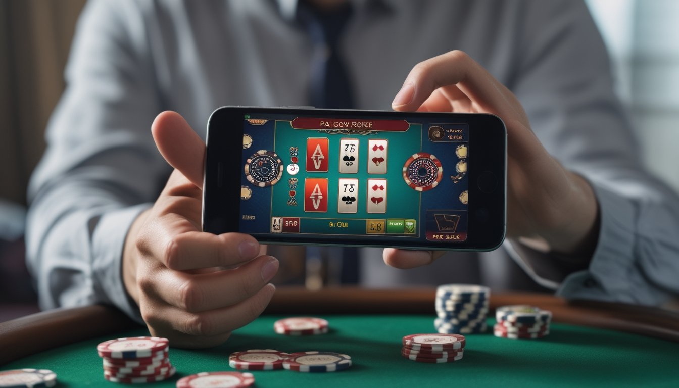 Seseorang sedang bermain Pai Gow Poker di ponsel dengan tampilan permainan kartu dan chip di layar.
