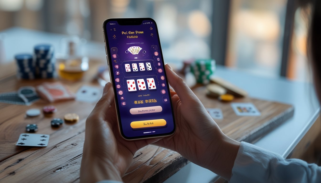 Seseorang memegang ponsel yang menampilkan permainan Pai Gow Poker dengan kartu dan chip poker di atas meja.