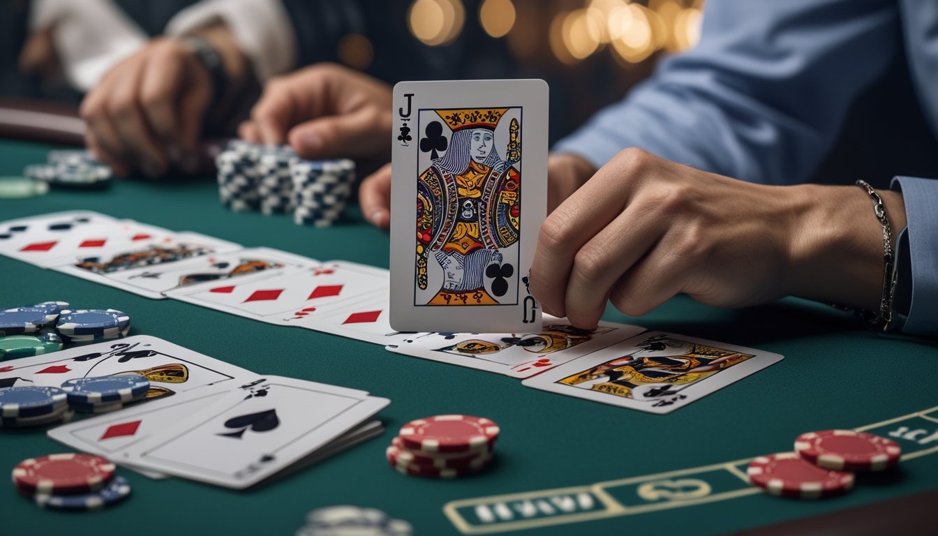 Meja poker Pai Gow dengan kartu termasuk Joker yang sedang diatur oleh tangan pemain untuk strategi permainan.
