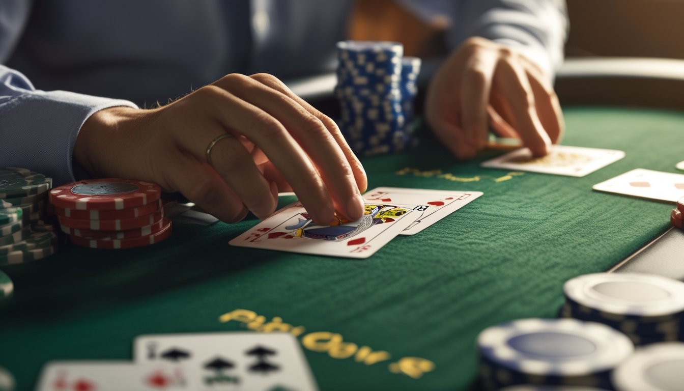 Tangan pemain sedang menyusun kartu Pai Gow Poker dengan kartu hijau Joker terlihat jelas di atas meja.