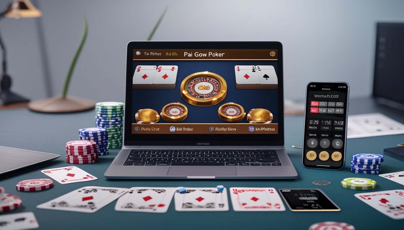 Seorang pemain menggunakan laptop dengan permainan Pai Gow Poker online, dikelilingi oleh chip poker dan kartu remi di atas meja.