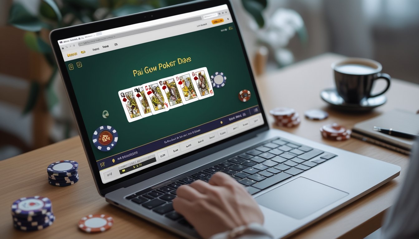 Meja poker digital dengan kartu Pai Gow Poker di layar komputer, dikelilingi chip poker dan alat tulis di meja kayu.