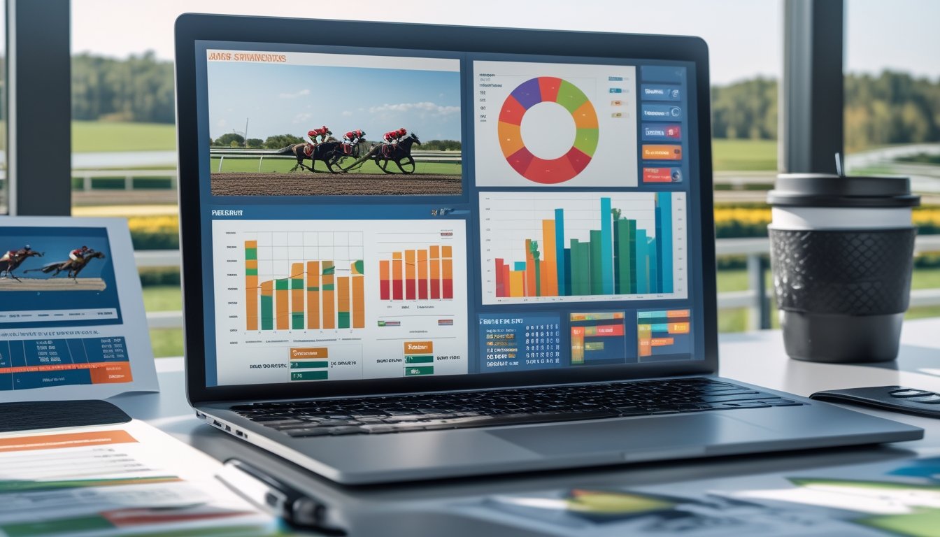 Seorang profesional sedang menganalisis statistik balap kuda di meja kerja dengan laptop, laporan, dan latar belakang lintasan pacu kuda.