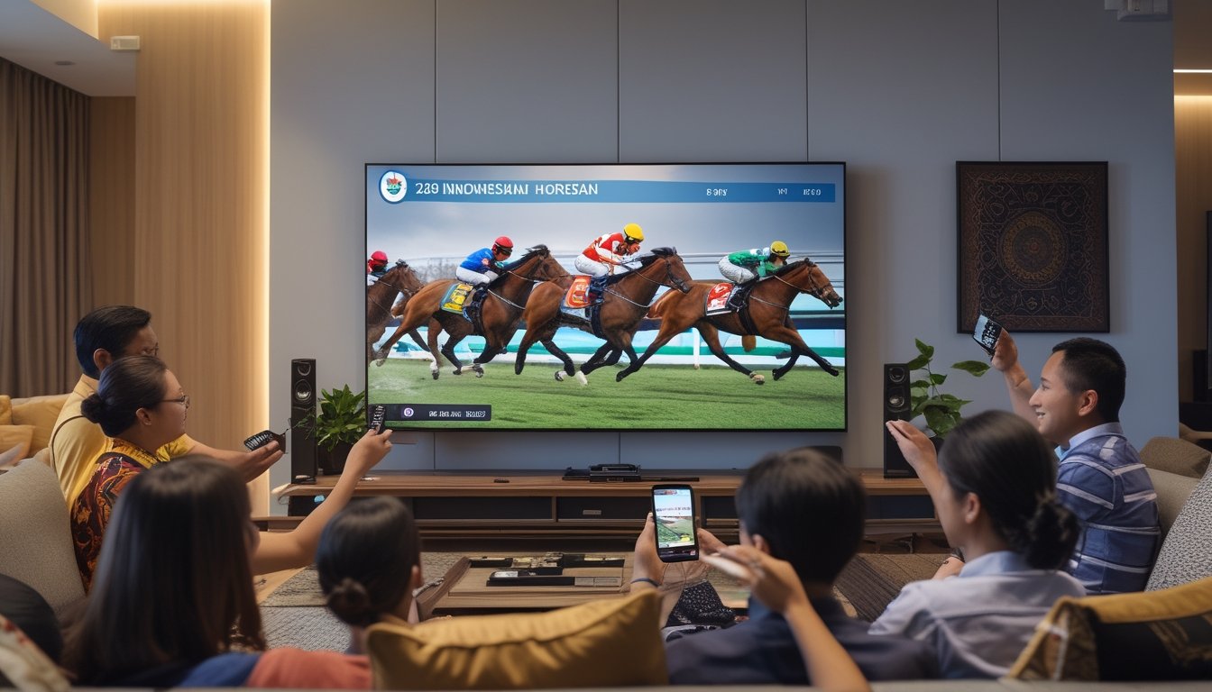 Sekelompok orang menonton siaran langsung resmi pacuan kuda Indonesia 2026 di ruang tamu dengan televisi besar.
