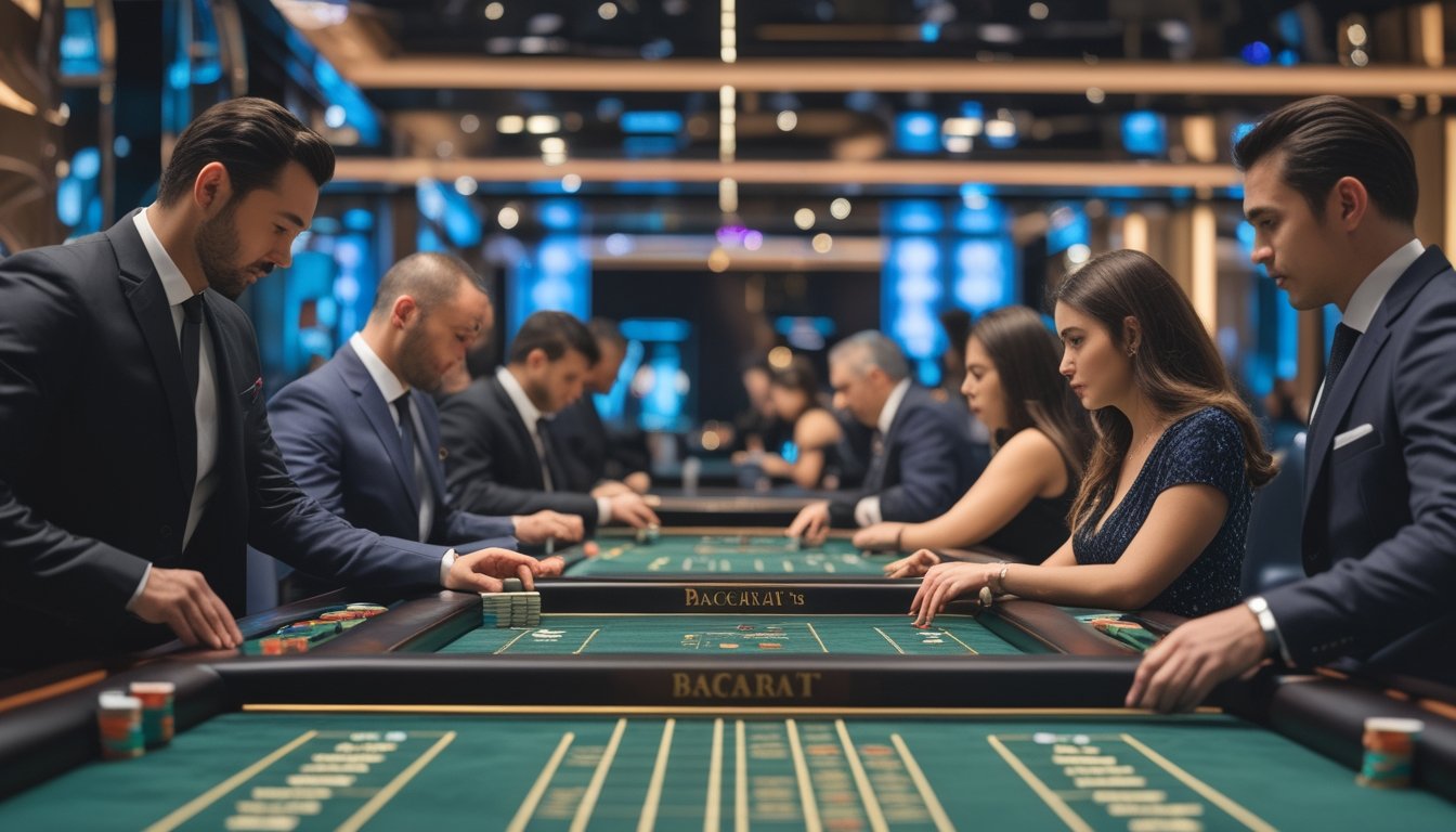 Beberapa pemain dan dealer sedang bermain Baccarat di beberapa meja kasino yang rapi dan terang.
