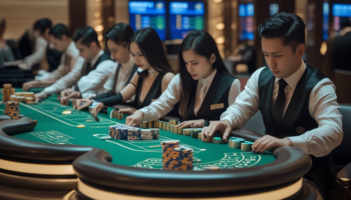 Beberapa pemain dan dealer sedang bermain baccarat di beberapa meja kasino yang bersebelahan dengan suasana mewah dan pencahayaan hangat.