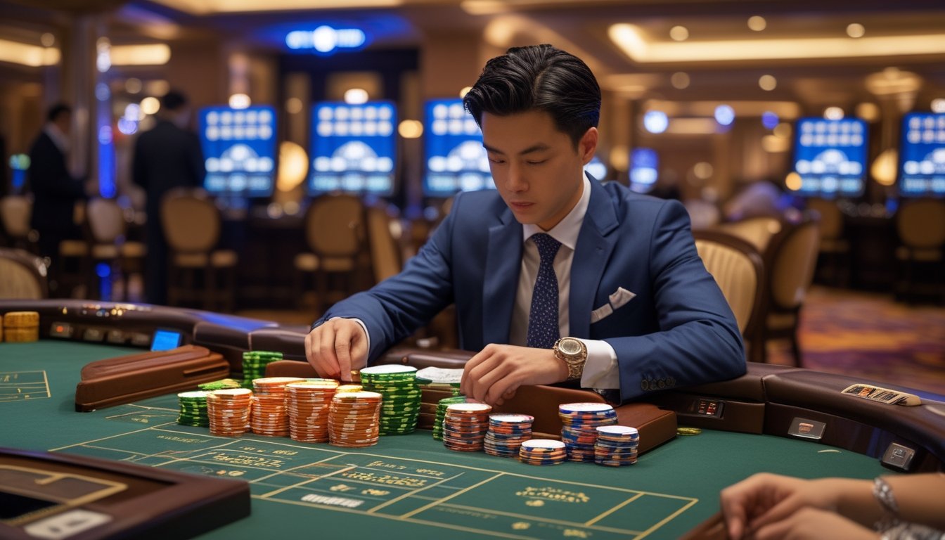 Seorang individu sedang mengelola chip dan bermain baccarat di beberapa meja kasino secara bersamaan.
