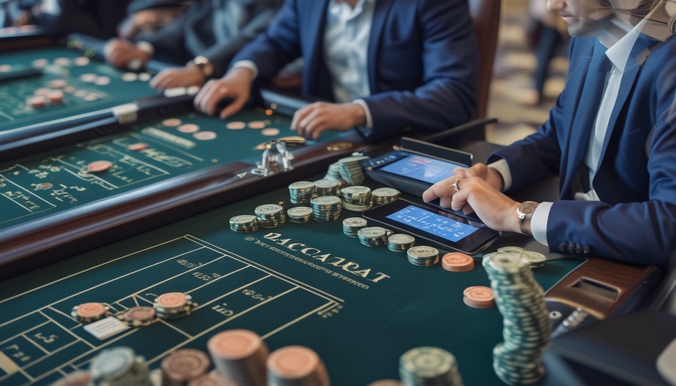 Seorang pemain berjudi yang fokus mengelola chip dan perangkat digital di beberapa meja baccarat di kasino.