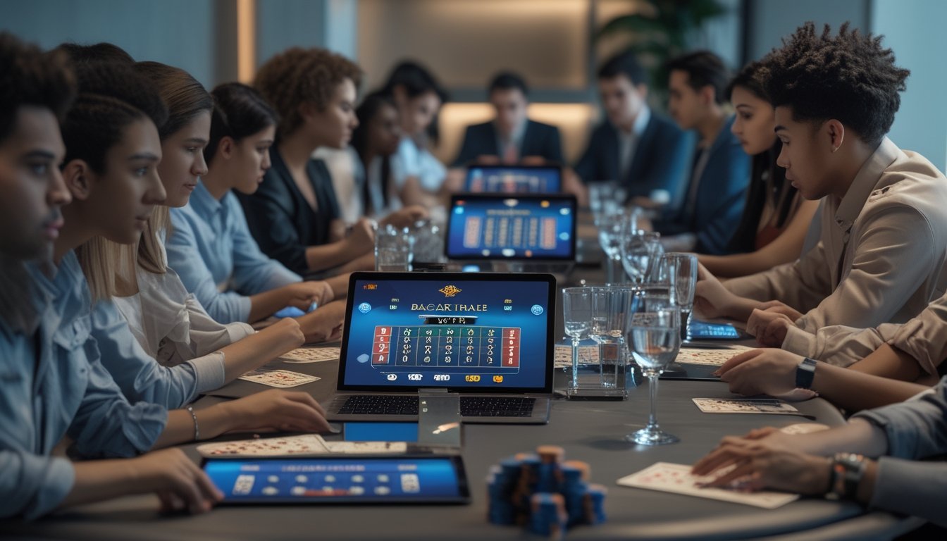 Sekelompok orang muda bermain baccarat multitable secara serius menggunakan laptop dan tablet di ruangan modern dengan suasana kasino online yang terpercaya.