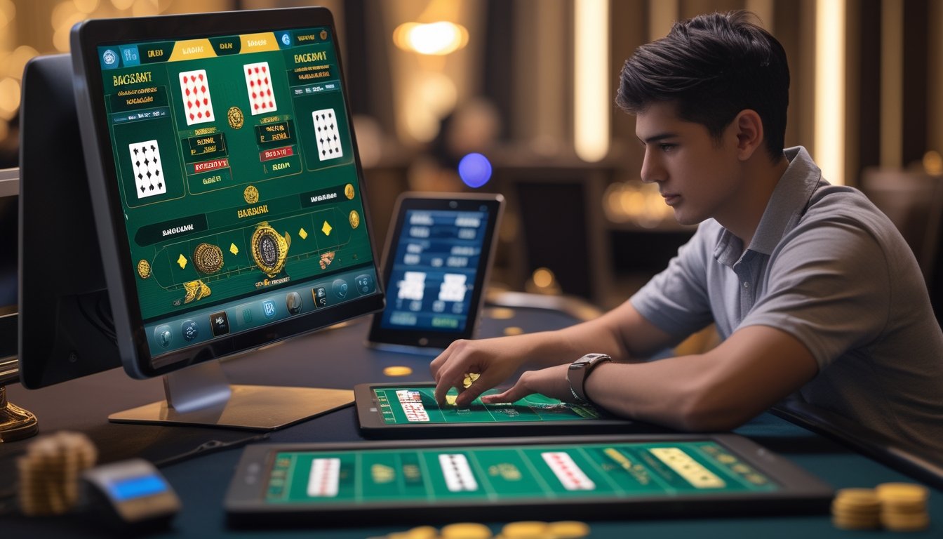 Seorang pemain muda yang fokus menggunakan perangkat digital dengan beberapa meja baccarat online terlihat di layar komputer dan tablet.