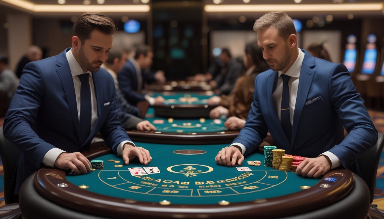 Seorang pemain profesional sedang bermain baccarat di satu meja dan juga mengelola beberapa meja baccarat secara bersamaan di lingkungan kasino modern.