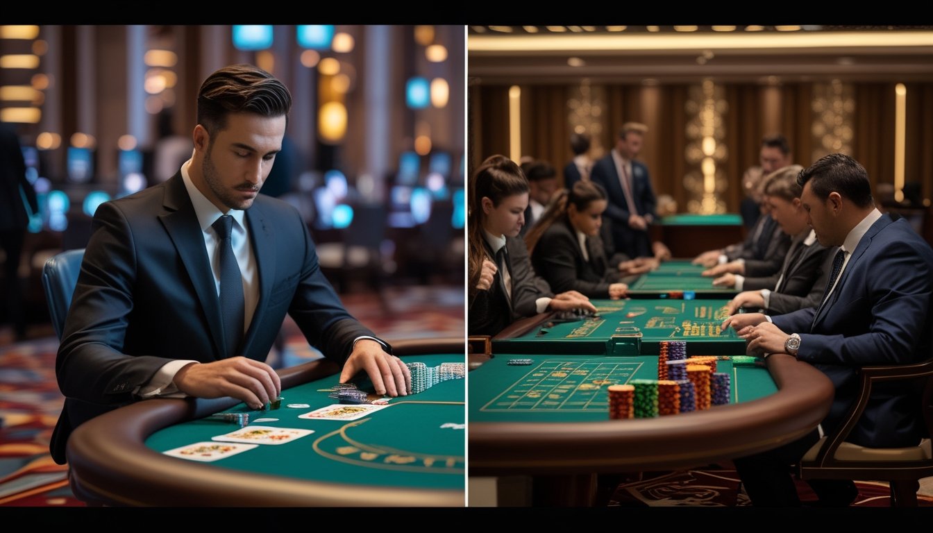 Suasana kasino dengan dua meja baccarat, satu meja tunggal dengan pemain fokus dan satu area multimeja dengan beberapa pemain bermain bersamaan.