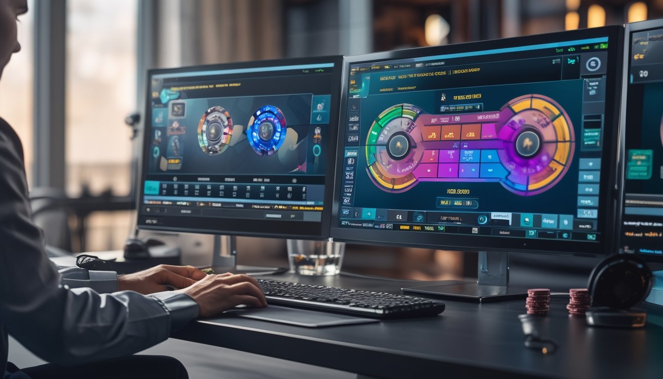 Seorang pria sedang duduk di depan beberapa monitor komputer yang menampilkan grafik baccarat dengan ekspresi fokus di ruang kerja modern.