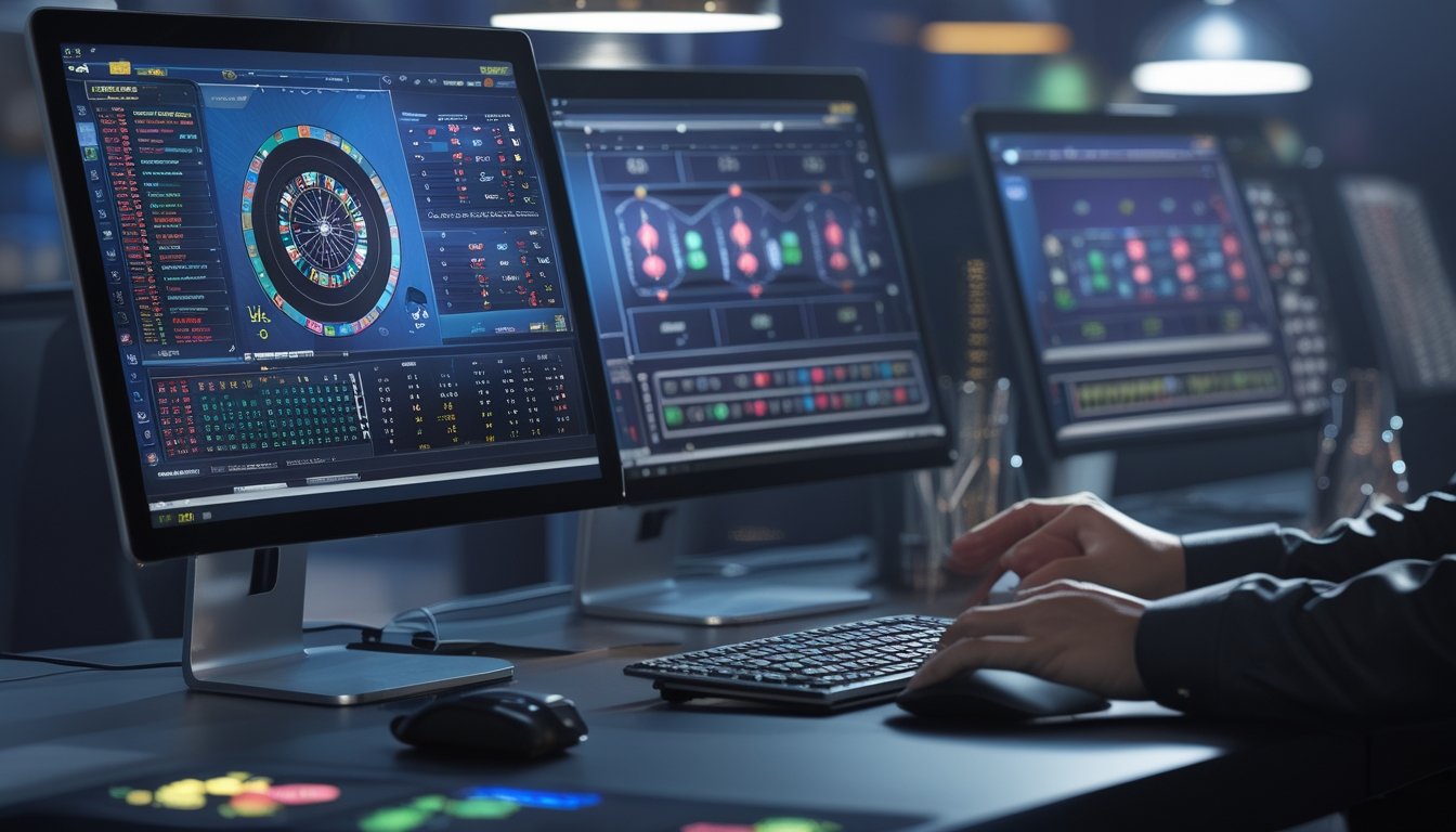 Seorang pemain sedang menggunakan komputer dengan beberapa layar yang menampilkan grafik dan statistik permainan Baccarat dalam sesi multitable online.