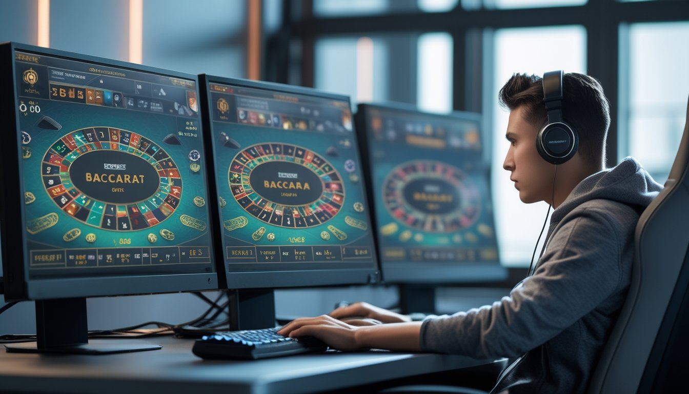 Seorang pemain muda fokus di depan beberapa monitor komputer yang menampilkan permainan baccarat online dengan suasana ruang kerja modern dan teknologi tinggi.