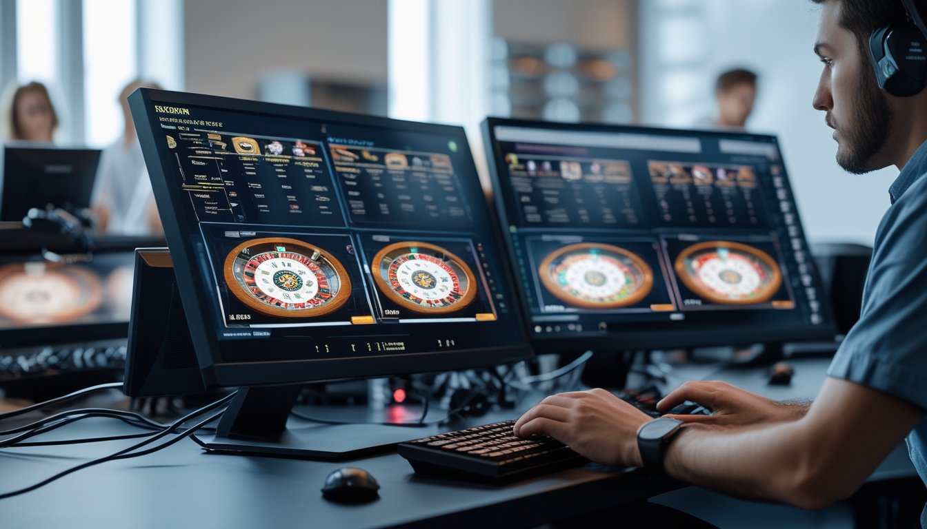 Seorang pemain sedang menggunakan komputer dengan beberapa layar menampilkan permainan baccarat multitable di ruangan modern dengan peralatan teknologi di latar belakang.