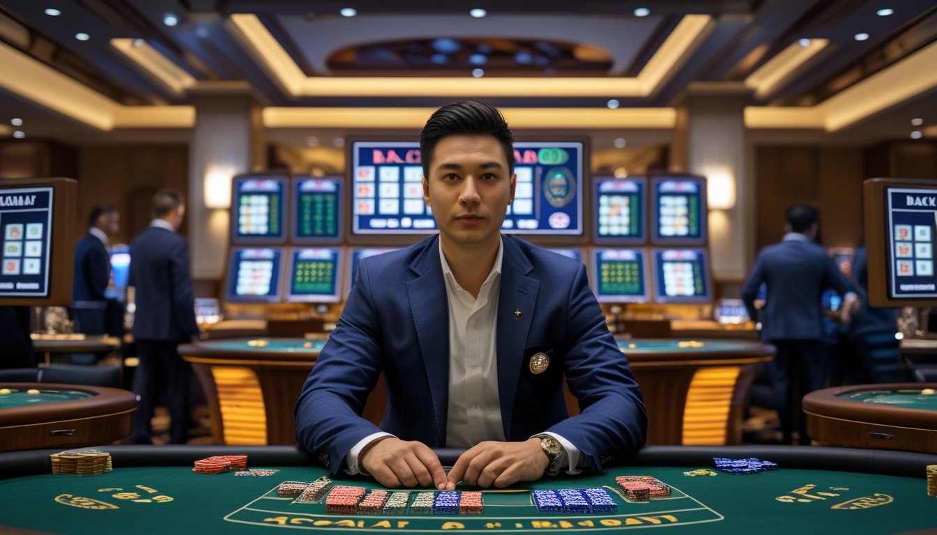 Seorang pemain duduk di meja baccarat dengan beberapa layar permainan dan chip taruhan di kasino yang elegan.