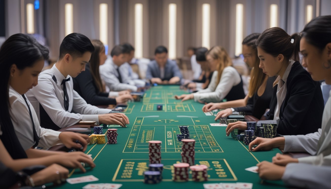 Beberapa pemain dan dealer sedang bermain baccarat di beberapa meja dalam kasino dengan tumpukan chip dan kartu di atas meja.
