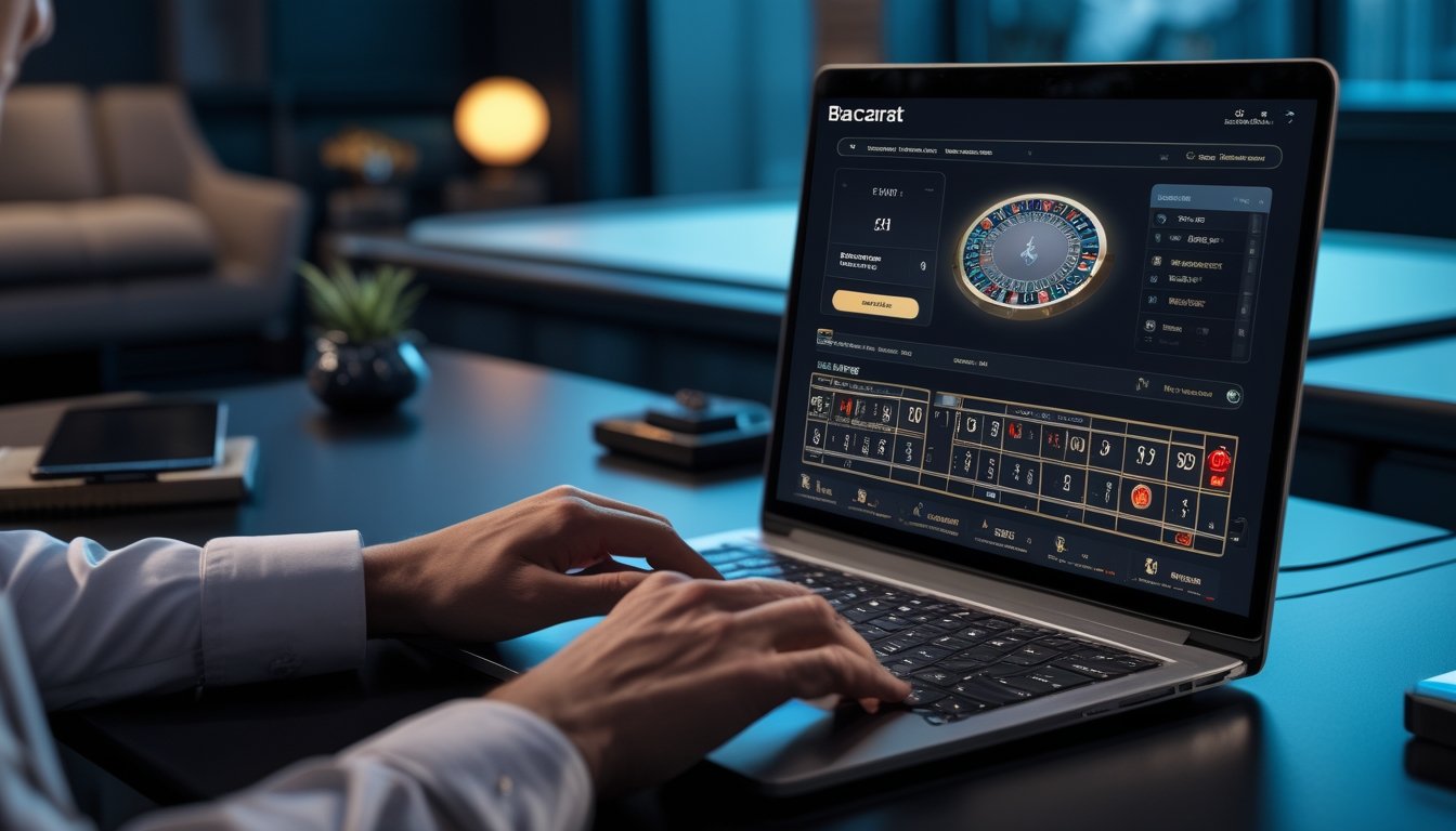 Seorang pemain menggunakan komputer dengan layar menampilkan beberapa meja baccarat online secara bersamaan.