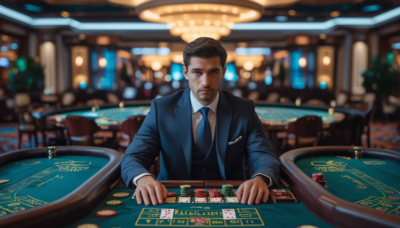 Seorang pria fokus bermain baccarat di tiga meja kasino secara bersamaan.