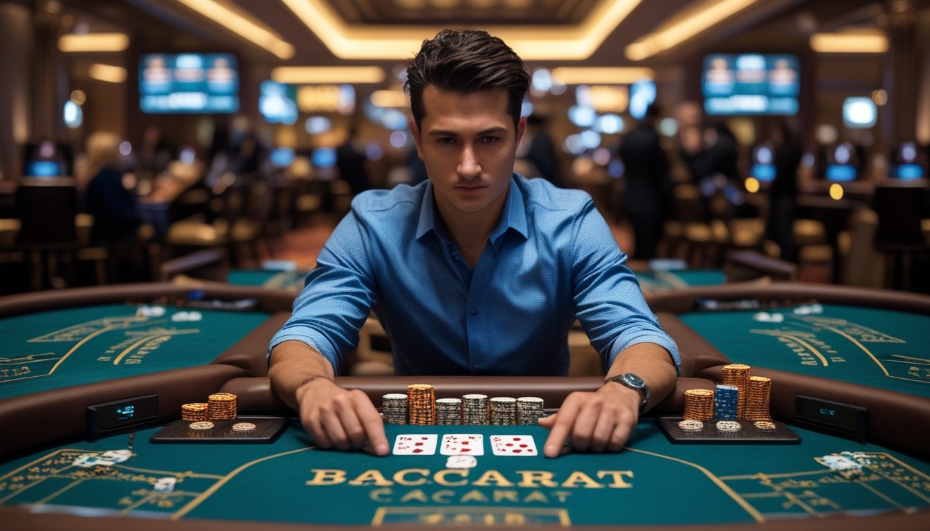 Seorang pria fokus duduk di depan tiga meja baccarat, mengamati kartu dan chip dengan serius di sebuah kasino.